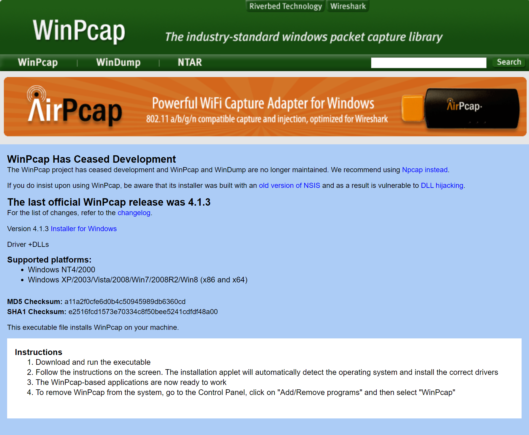 【W(wǎng)inPcap下載官方版】WinPcap4.1.3