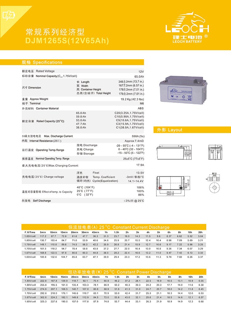 理士蓄電池DJW12-6512V65AH規(guī)格尺寸表